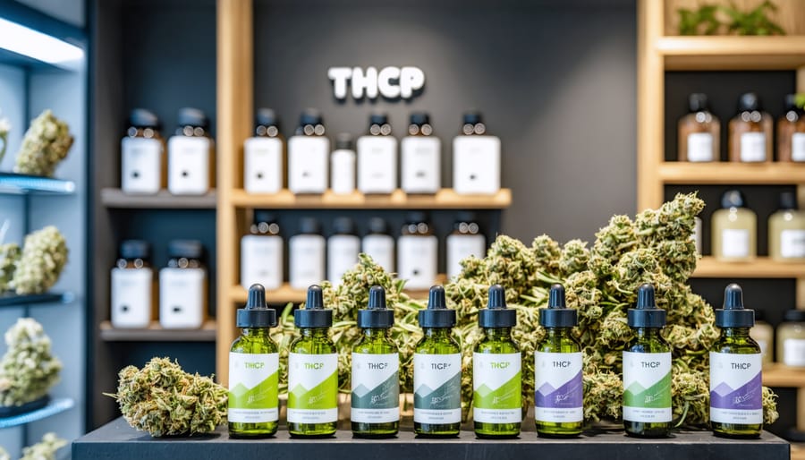 Interior of modern cannabis dispensary showing product displays and retail space