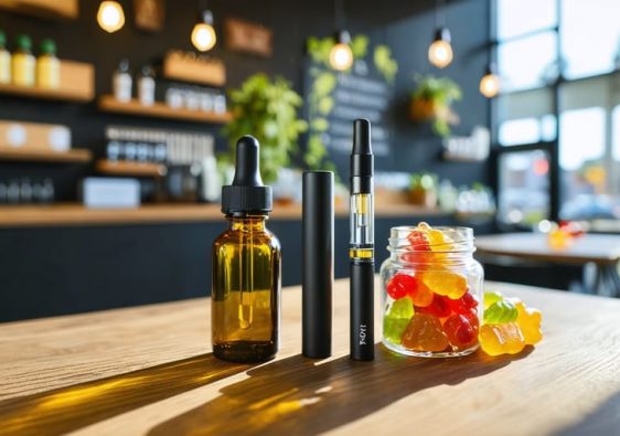 Unbranded THCP tincture, vape pen with cartridge, and jar of gummies on a wood counter in a modern Edmonton cannabis store, softly lit with blurred shelves and a faint view of the Walterdale Bridge in the background.