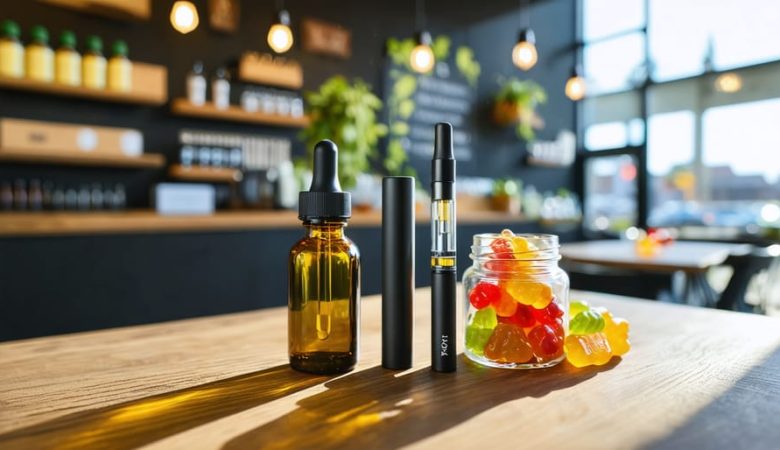 Unbranded THCP tincture, vape pen with cartridge, and jar of gummies on a wood counter in a modern Edmonton cannabis store, softly lit with blurred shelves and a faint view of the Walterdale Bridge in the background.