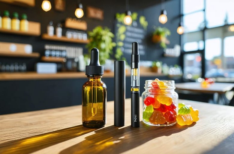 Unbranded THCP tincture, vape pen with cartridge, and jar of gummies on a wood counter in a modern Edmonton cannabis store, softly lit with blurred shelves and a faint view of the Walterdale Bridge in the background.