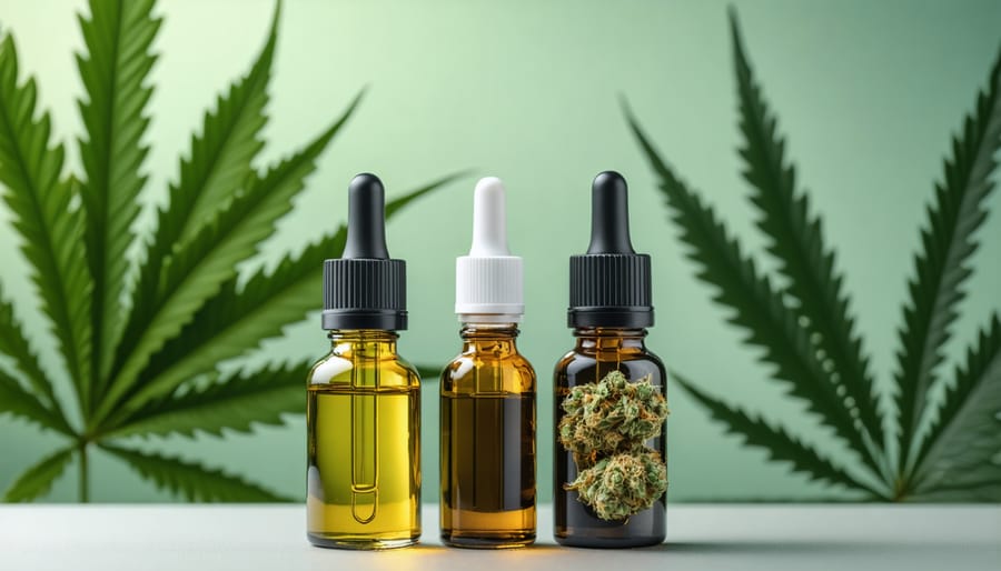 Cannabis vape cartridge and tincture bottle displayed with fresh cannabis leaves