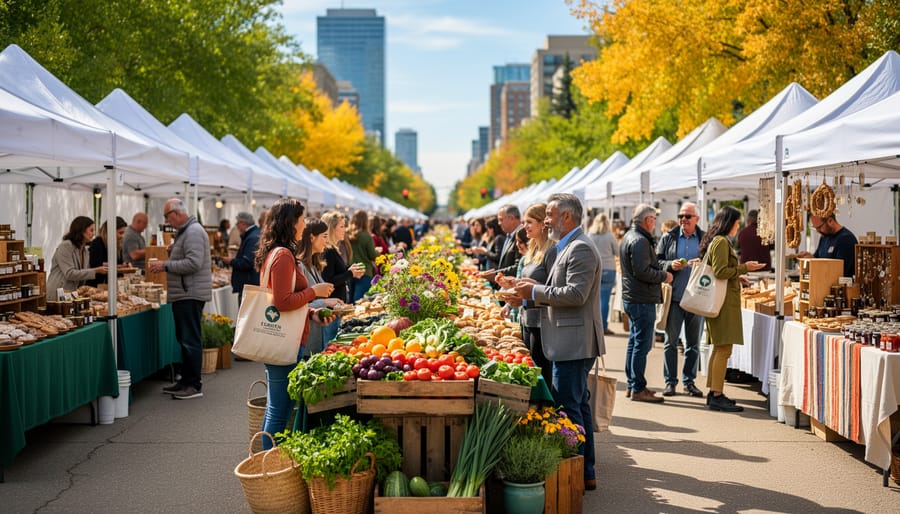 Busy farmers' market scene with vendor stalls displaying fresh produce and artisan goods