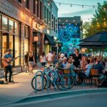 Shoppers and diners fill Edmonton’s Whyte Avenue at golden hour, with colorful boutique facades, patio cafés, string lights, bicycles, and a street musician performing on the sidewalk.