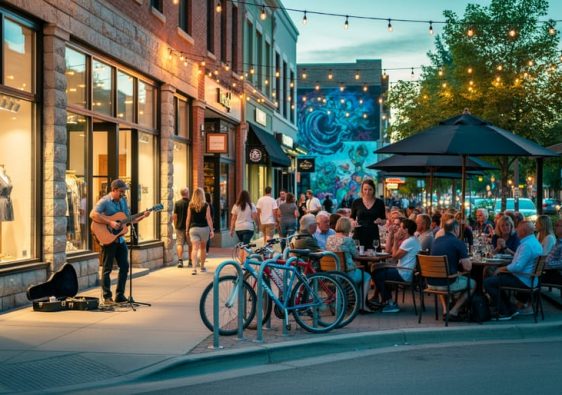 Shoppers and diners fill Edmonton’s Whyte Avenue at golden hour, with colorful boutique facades, patio cafés, string lights, bicycles, and a street musician performing on the sidewalk.