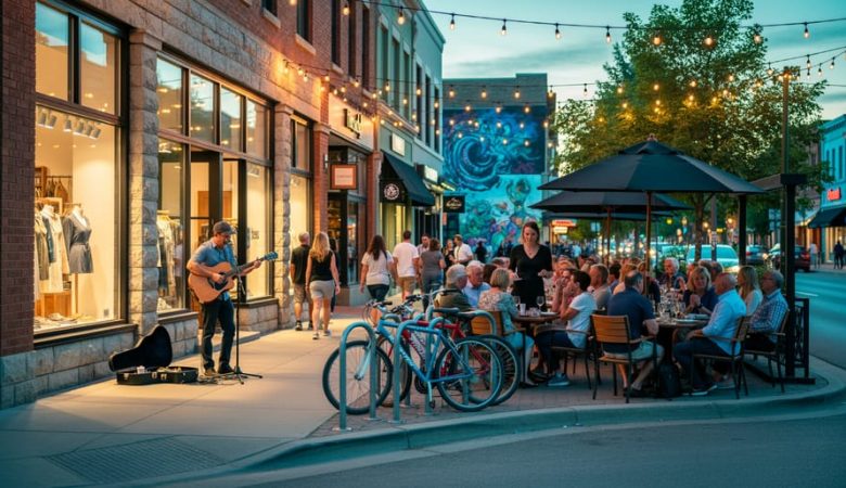 Shoppers and diners fill Edmonton’s Whyte Avenue at golden hour, with colorful boutique facades, patio cafés, string lights, bicycles, and a street musician performing on the sidewalk.
