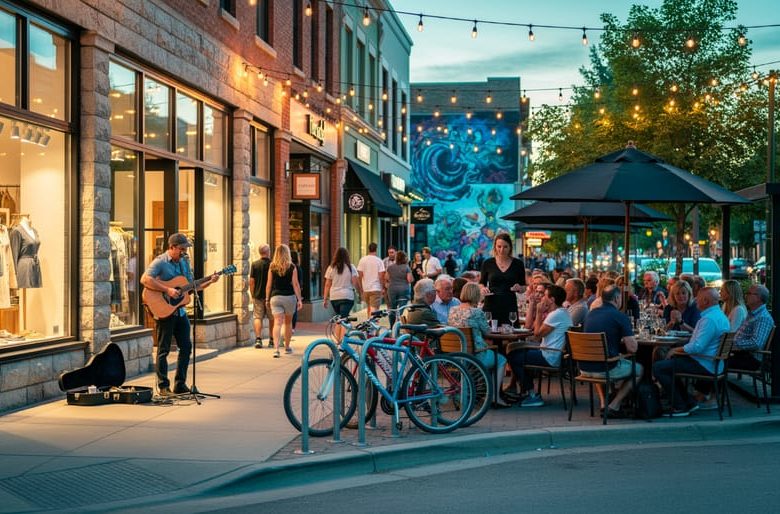 Shoppers and diners fill Edmonton’s Whyte Avenue at golden hour, with colorful boutique facades, patio cafés, string lights, bicycles, and a street musician performing on the sidewalk.