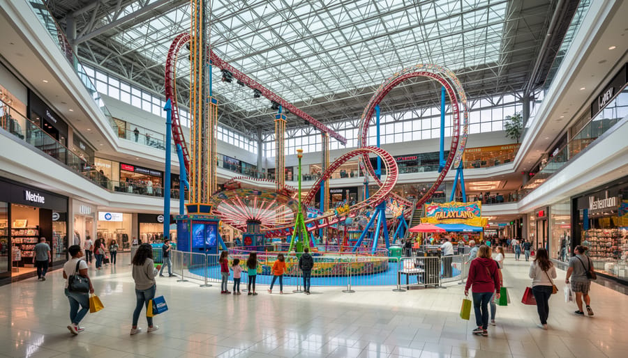 Interior view of Galaxyland amusement park at West Edmonton Mall with colorful rides and attractions