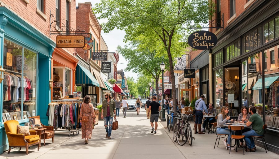 People shopping and walking along Whyte Avenue with colorful storefronts and vintage boutiques