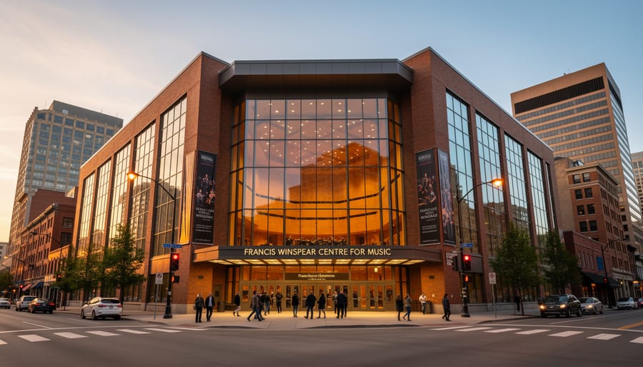 Interior view of Winspear Centre concert hall showing curved wooden architecture and tiered seating