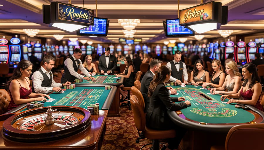 Overhead view of casino table game with poker chips and cards being dealt