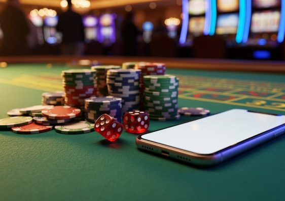 Stacked poker chips and red dice on green felt next to a glowing smartphone, with warm blurred casino lights and soft silhouettes in the background.