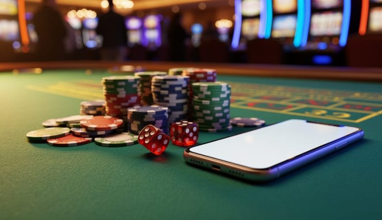 Stacked poker chips and red dice on green felt next to a glowing smartphone, with warm blurred casino lights and soft silhouettes in the background.