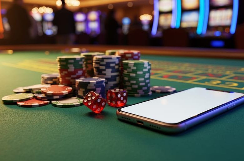 Stacked poker chips and red dice on green felt next to a glowing smartphone, with warm blurred casino lights and soft silhouettes in the background.