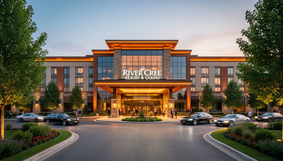 Exterior view of River Cree Resort & Casino at twilight showing grand entrance