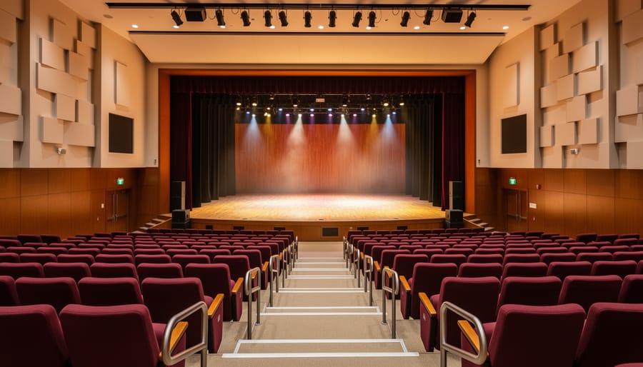 Interior view of a theatre stage and seating area with warm lighting at the University of Alberta