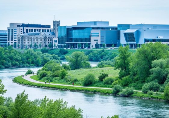 University of Alberta campus buildings overlooking the North Saskatchewan River valley with pedestrians on a riverside walkway.