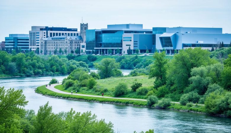 University of Alberta campus buildings overlooking the North Saskatchewan River valley with pedestrians on a riverside walkway.
