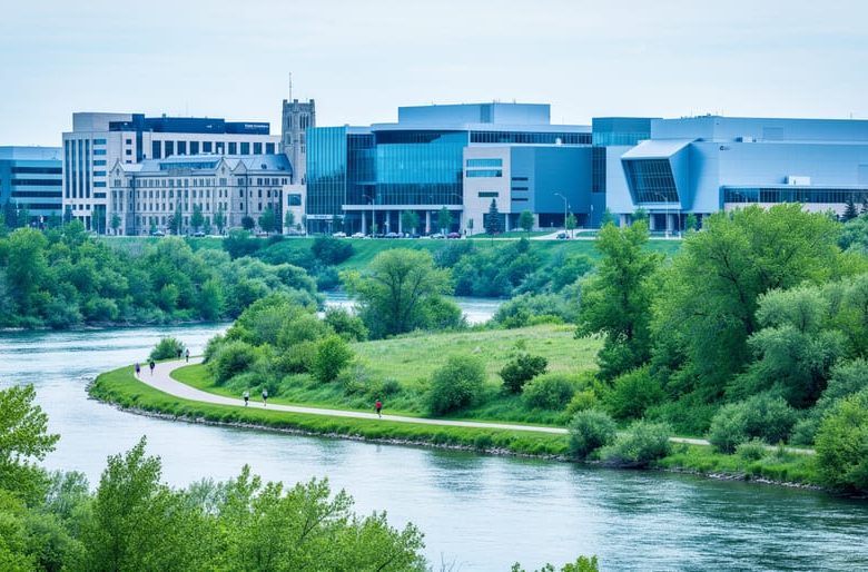 University of Alberta campus buildings overlooking the North Saskatchewan River valley with pedestrians on a riverside walkway.