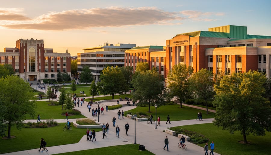 Wide view of University of Alberta main academic buildings on North Campus at golden hour