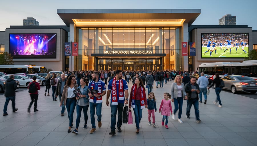 Attendees walking toward an event venue entrance in Edmonton during a busy evening