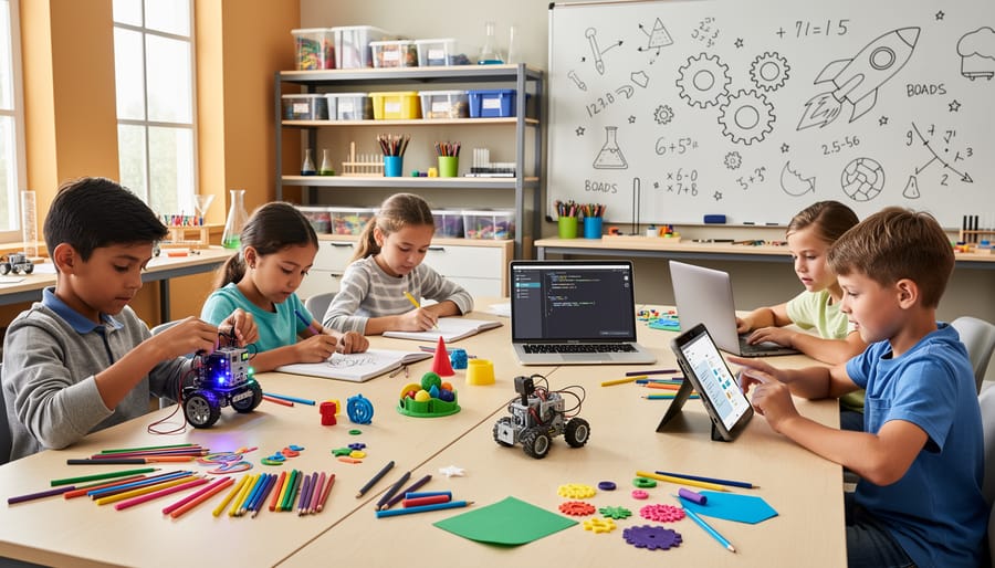 Child and parent working on a creative STEAM project with circuit components and a digital drawing tablet.