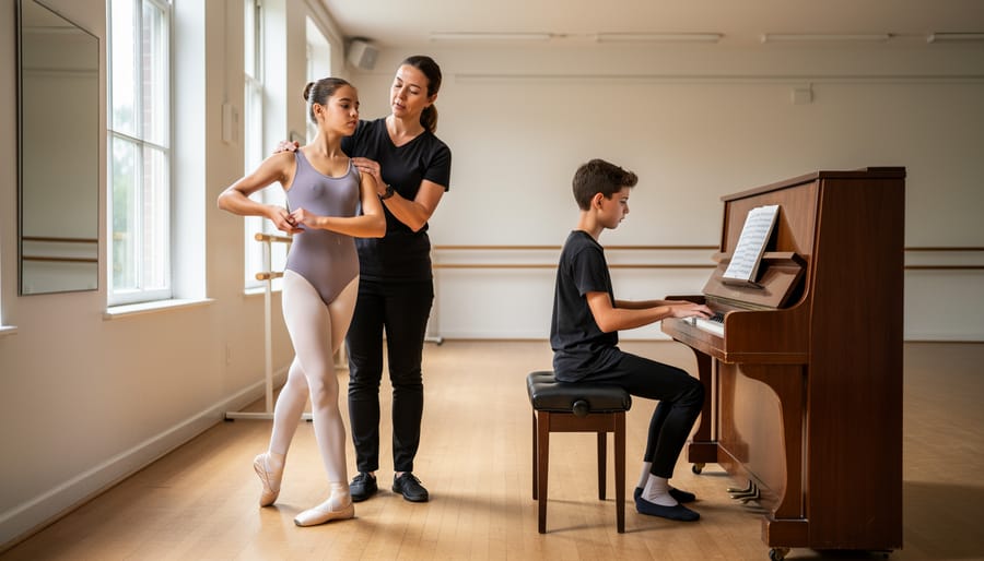 Child holding a violin while a teacher observes in a youth conservatory practice room.