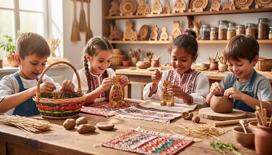 Children crafting folk arts projects with colorful beads or weaving materials at a workshop table.