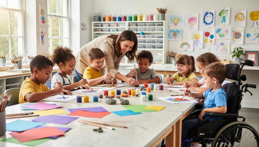 Children painting and crafting ceramics at an inclusive community arts center with art supplies on tables.