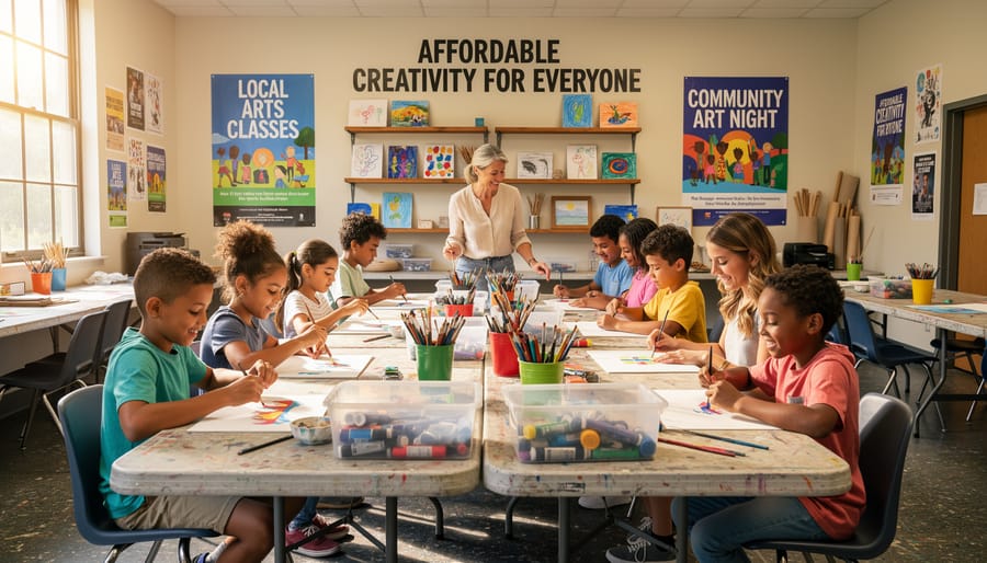 Children painting at a community rec center art class with a staff member demonstrating techniques.