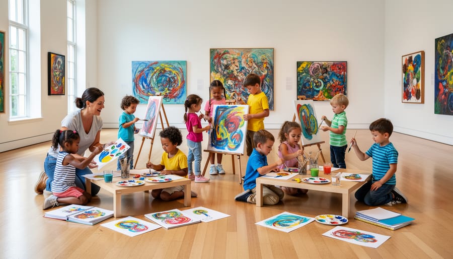 Children painting at an art workshop with an art gallery exhibit in the background.