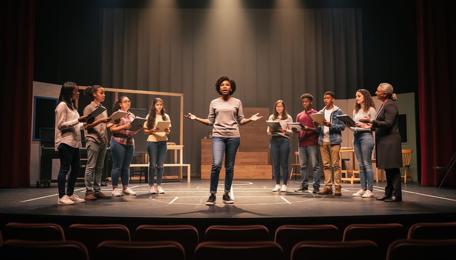 Children rehearsing with a theater instructor under warm stage lights.