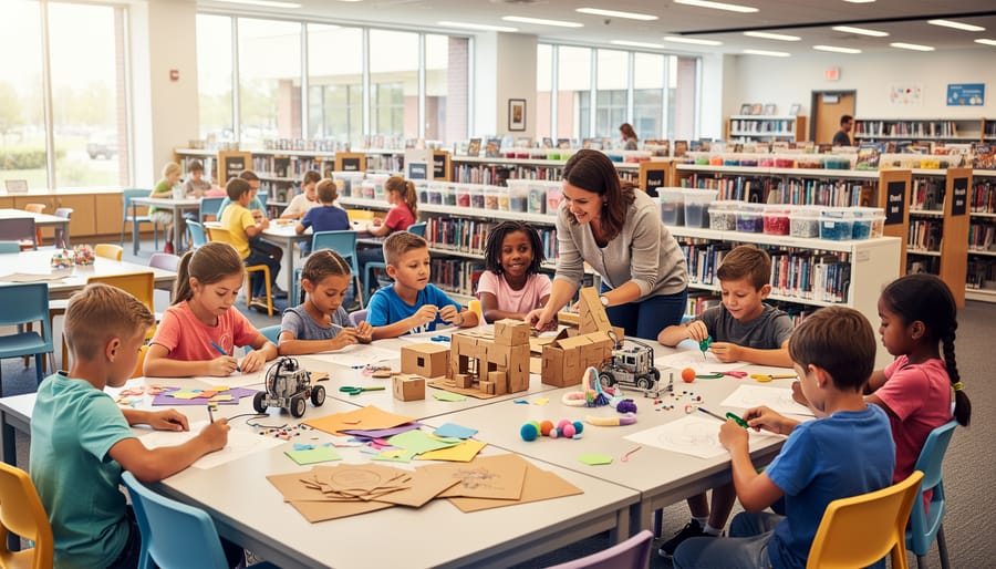 Children working on creative crafts and zine-making in a library makerspace with tools and a laptop.