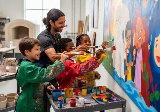 Children painting a large mural on a studio wall while an artist guides them with paintbrushes and colorful supplies.