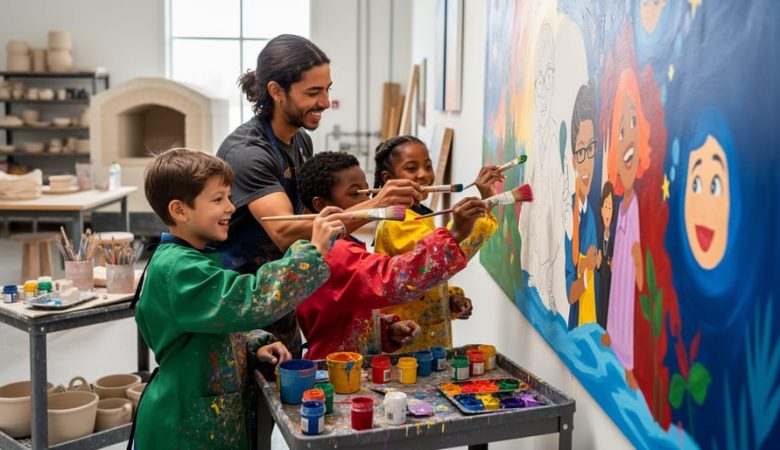 Children painting a large mural on a studio wall while an artist guides them with paintbrushes and colorful supplies.