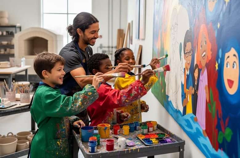Children painting a large mural on a studio wall while an artist guides them with paintbrushes and colorful supplies.