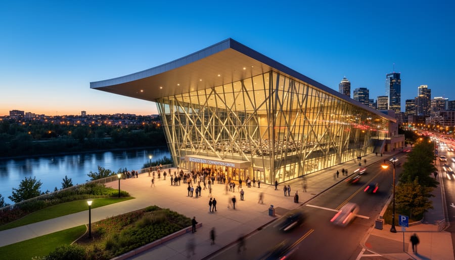 Exterior of the Edmonton Convention Centre at dusk with illuminated glass facade