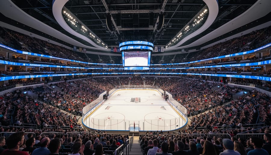 Inside view of Rogers Place arena with bright seating and a playing surface in the foreground