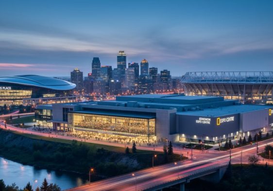 Blue-hour panoramic view of Rogers Place, the Edmonton Convention Centre, the Edmonton EXPO Centre, and Commonwealth Stadium with warm interior lights and a softly blurred downtown skyline.