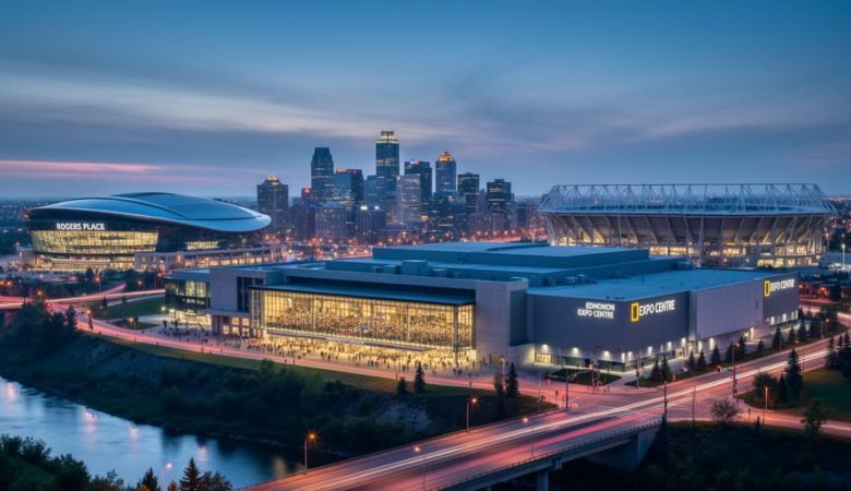 Blue-hour panoramic view of Rogers Place, the Edmonton Convention Centre, the Edmonton EXPO Centre, and Commonwealth Stadium with warm interior lights and a softly blurred downtown skyline.