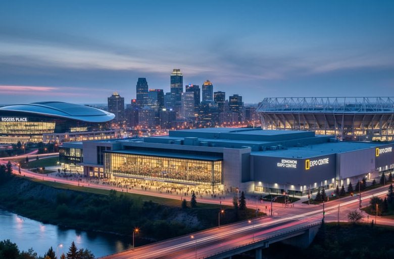 Blue-hour panoramic view of Rogers Place, the Edmonton Convention Centre, the Edmonton EXPO Centre, and Commonwealth Stadium with warm interior lights and a softly blurred downtown skyline.