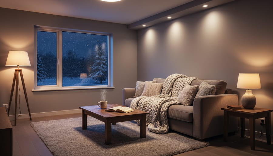 Bedroom with warm ambient LED strip and softly glowing bedside and string lights.
