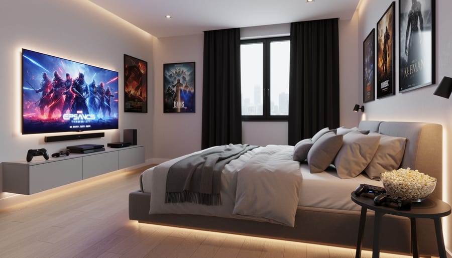 Bedroom entertainment setup with a wall-mounted TV, gaming console, and cozy seating.