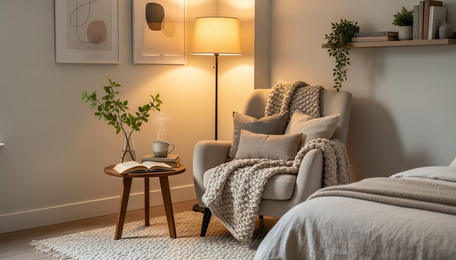 Cozy bedroom reading nook with an armchair, warm floor lamp, and stacked books on a side table.