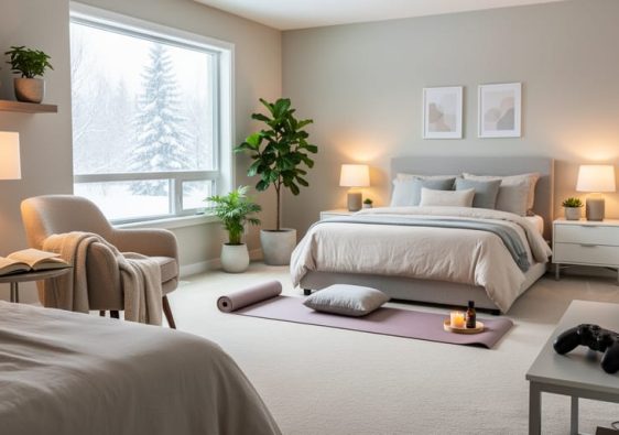 Bright modern bedroom in an Edmonton home styled with a reading chair, warm bedside lamps, indoor plants, a small gaming setup, and a yoga meditation corner