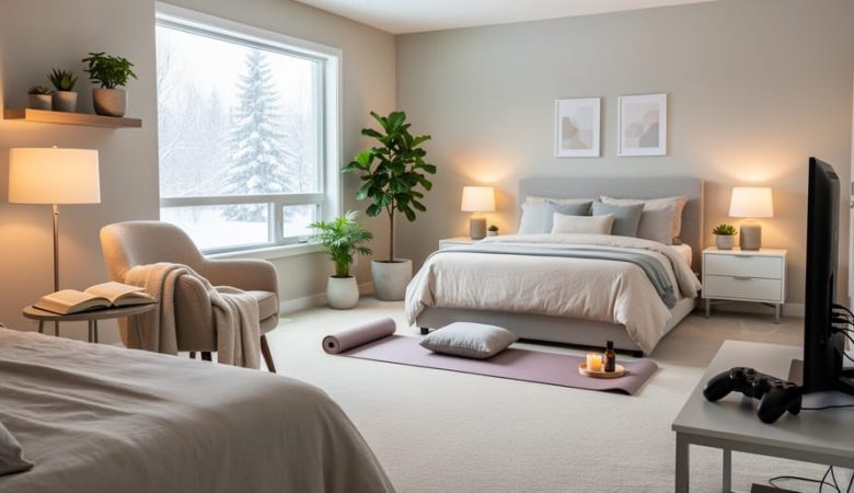 Bright modern bedroom in an Edmonton home styled with a reading chair, warm bedside lamps, indoor plants, a small gaming setup, and a yoga meditation corner