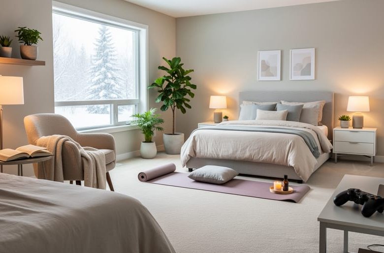 Bright modern bedroom in an Edmonton home styled with a reading chair, warm bedside lamps, indoor plants, a small gaming setup, and a yoga meditation corner