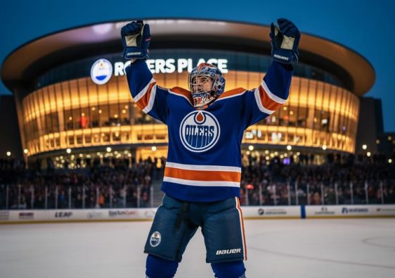 Edmonton Oilers hockey celebration near Rogers Place with arena lights and a blurred crowd in the background