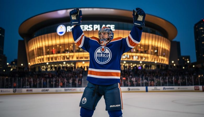Edmonton Oilers hockey celebration near Rogers Place with arena lights and a blurred crowd in the background
