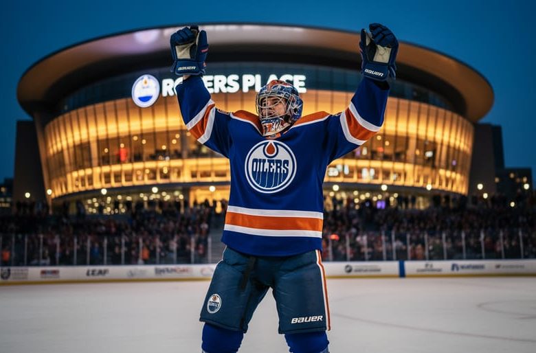 Edmonton Oilers hockey celebration near Rogers Place with arena lights and a blurred crowd in the background