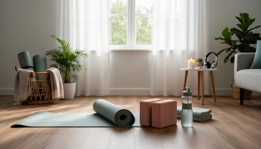 Bedroom wellness corner with yoga mat, light dumbbells, and a mirror reflecting the space.